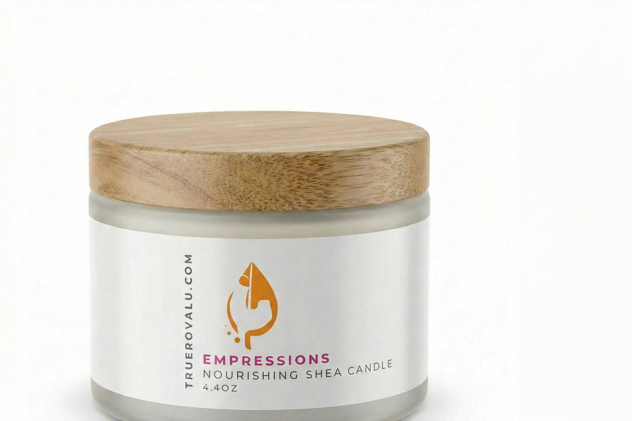 Jar of nourishing shea cream with a wooden lid on a white background