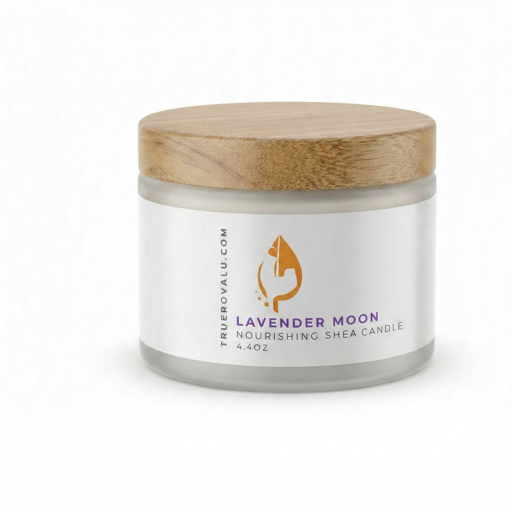 Jar of Lavender Moon Nourishing Shea Cream with wooden lid on a white background