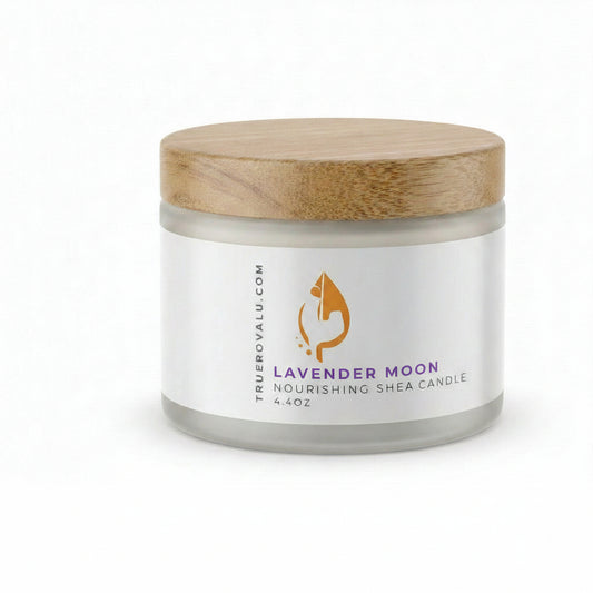 Jar of Lavender Moon Nourishing Shea Cream with wooden lid on a white background