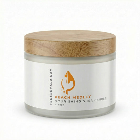 Jar of Peach Medley Nourishing Shea Cream with wooden lid on a white background