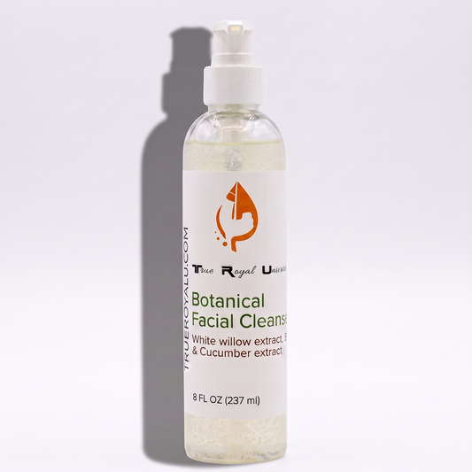Botanical cleanser by true royal universe in a clear bottle with a whit label. 